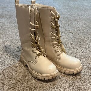 Fab Kids Cream Lace-Up Combat Boots with Gold Hardware